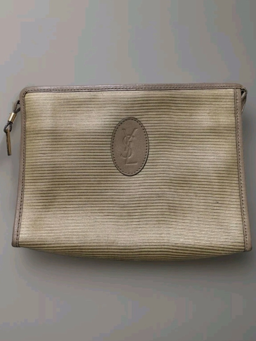 VINTAGE YSL RIBBED CANVAS/BROWN LOGO POUCH / CLUTCH Authentic!
